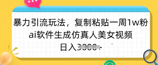 暴力引流玩法，复制粘贴一周1w粉，ai软件生成仿真人美女视频，日入多张-爱我搜(25so)资源网