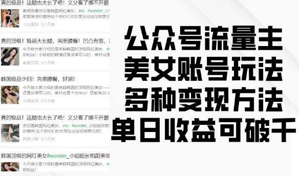 公众号流量主美女账号玩法，多种变现方法，单日收益可破千-爱我搜(25so)资源网