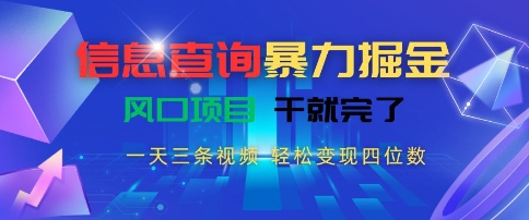 信息查询暴力掘金，一天三条视频，轻松变现四位数，风口项目干就完了【揭秘】-爱我搜(25so)资源网
