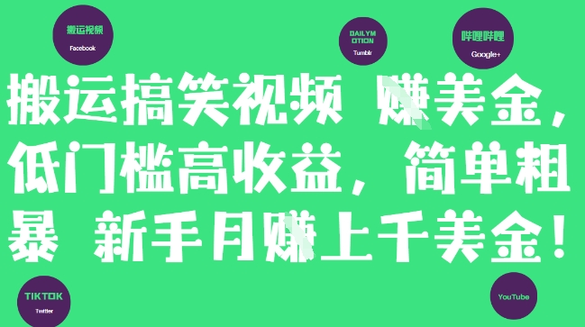 搬运搞笑视频挣美金，低门槛高收益，简单粗暴新手月入上千美刀-爱我搜(25so)资源网