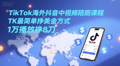 TikTok海外抖音中视频陪跑课程，TK最简单挣美金方式，1万播放挣8刀-爱我搜(25so)资源网
