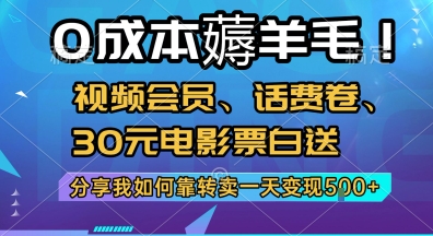 0成本薅羊毛!视频会员、话费卷、30元电影票白送，分享我如何靠转卖一天变现5张+【揭秘】-爱我搜(25so)资源网