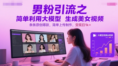 男粉引流之简单利用大模型生成美女视频，条条原创爆款，简单上传制作，变现日1k+-爱我搜(25so)资源网
