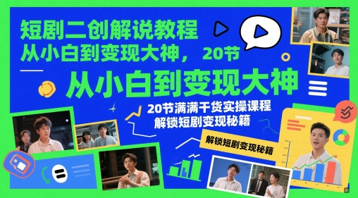 短剧二创解说教程，从小白到变现大神，20节满满干货实操课程，解锁短剧变现秘籍-爱我搜(25so)资源网