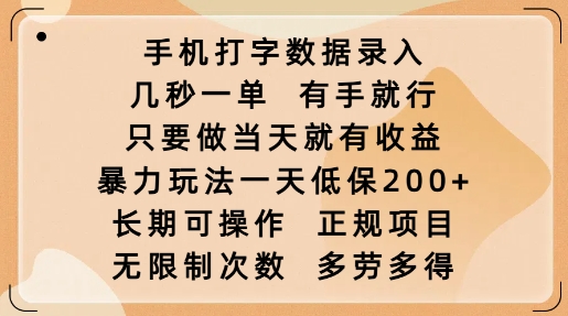 手机打字数据录入，几秒一单，有手就行，只要做当天就有收益，暴力玩法一天低保2张-爱我搜(25so)资源网