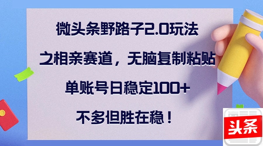 微头条野路子2.0玩法之相亲赛道，无脑复制粘贴，单账号日稳定100+，不…-爱我搜(25so)资源网