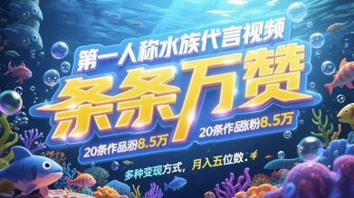 第一人称水族代言视频，条条万赞，20条作品涨粉7.8W，多种变现方式月入五位数-爱我搜(25so)资源网